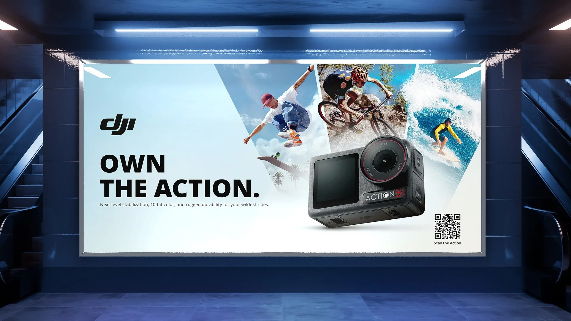 DJI Own The Action — metro OOH mockup