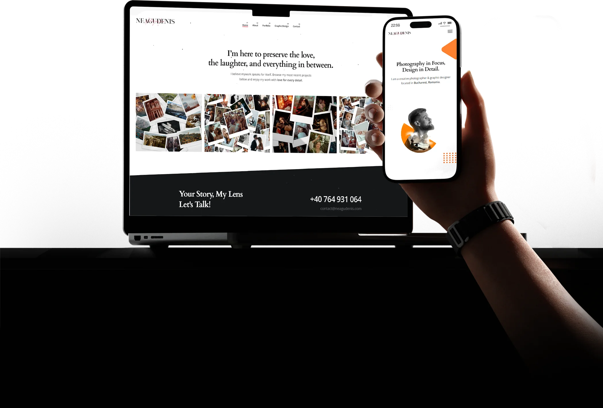 neagudenis.com — responsive photography website, laptop and mobile composite